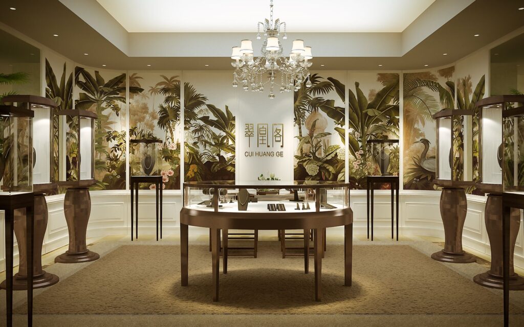 Interior 3D rendering of the Zong Corner shop with wood furniture and white walls at the Four Seasons