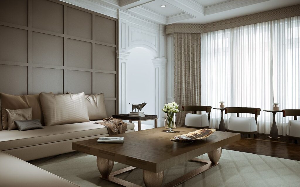 Interior 3D rendering of the living room with natural light at the family home-Shore Drive