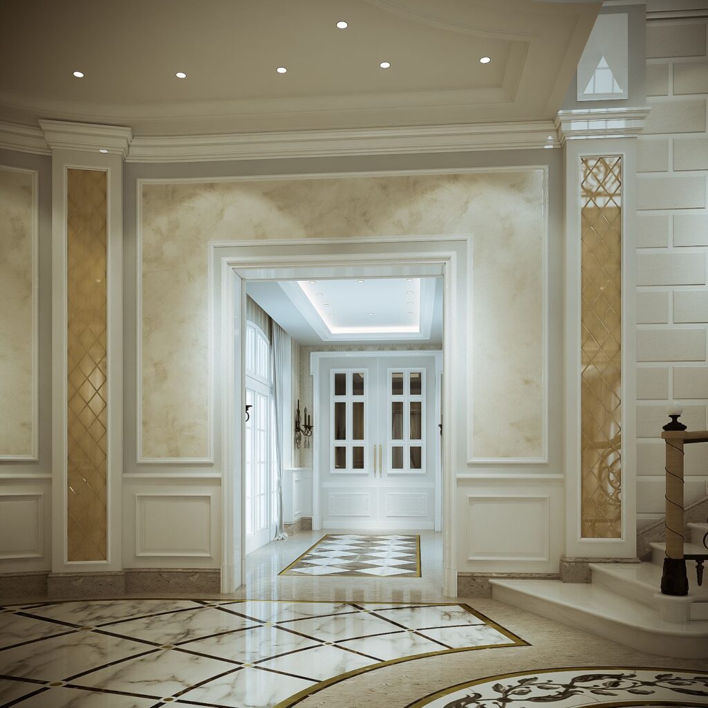 Interior 3D rendering of the luxury Family house Saudi Arabia entrance with moldings on the walls and marble floor