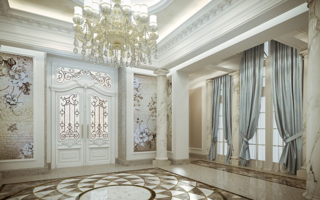 Interior 3D rendering of the luxury Family house Saudi Arabia room with marble floor and decorated walls with flowers