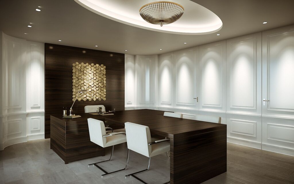 3D-Innenansicht des J&CO-Hauptbüros mit einer Holzwand, der Rest ist weiß mit Texturen und einem langen Holztisch in der Mitte des Raumes