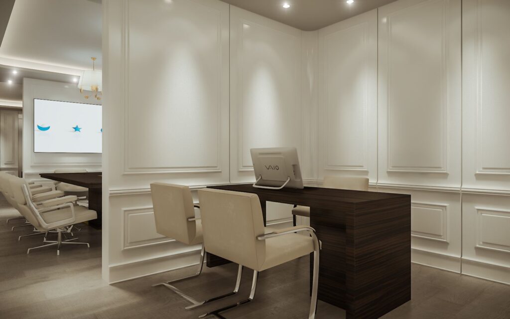 Interior 3D rendering of the J&CO Headquarter private area with a wooden desk, two cream leather and metal chairs and warm lights