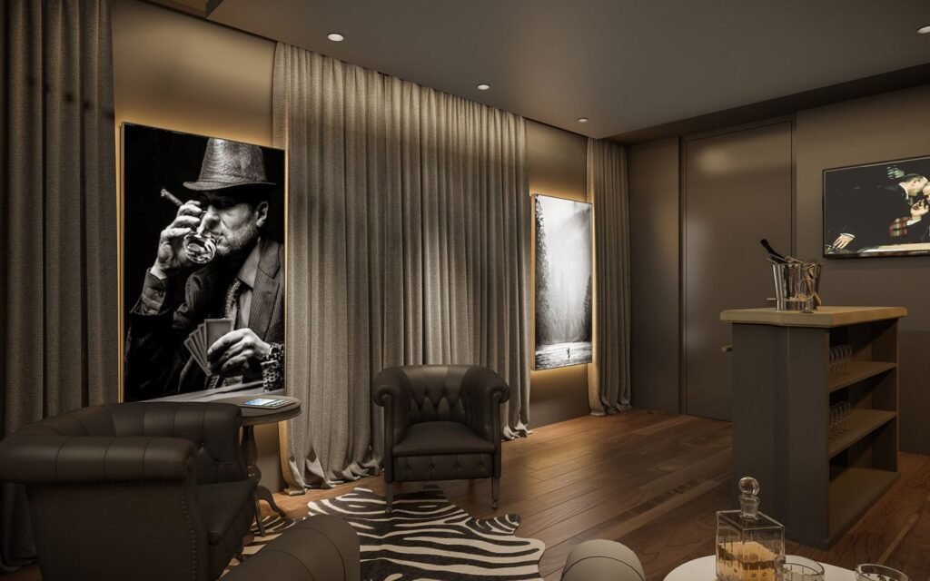 Interior 3D rendering of the Boys Room lounge area with brown leather chairs, floor-length curtains, and decorative paintings