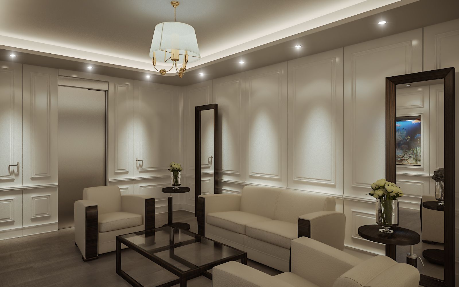 Interior 3D rendering of the J&CO Headquarter waiting room with warm lighting, cream-colored upholstered armchairs, wooden-framed mirrors, and a glass coffee table