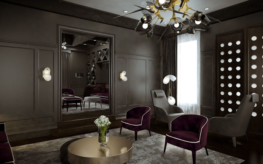 Interior 3D rendering of the Light House - Family Home rest area with natural light and brown walls