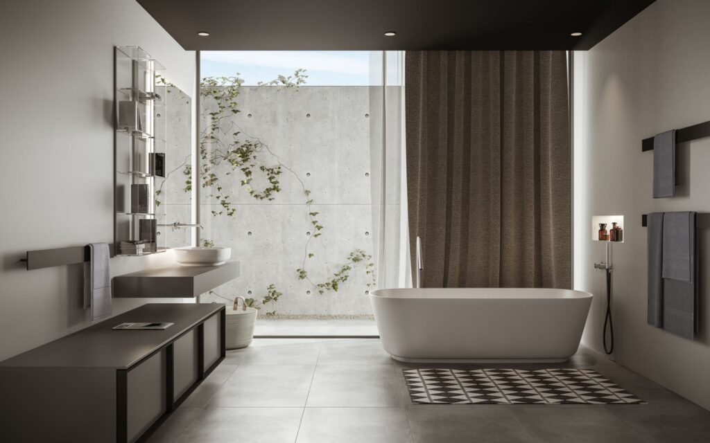 Showroom 3D rendering of the modern white bathroom style with natural light for a catalogue.