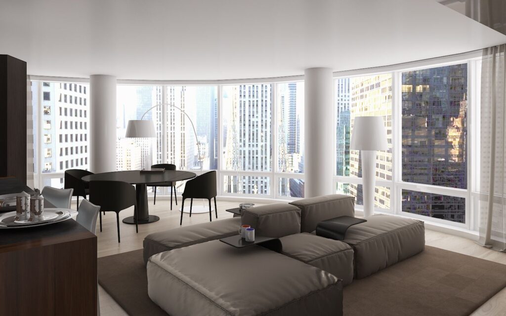 Residential 3D rendering of the full view interior of the apartment at the Astor residence