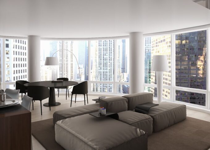 Residential 3D rendering of the full view interior of the apartment at the Astor residence
