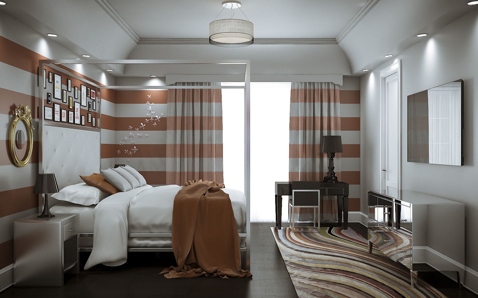 Residential 3D rendering of the Light House - Family Home bedroom with orange and white stripes on the walls