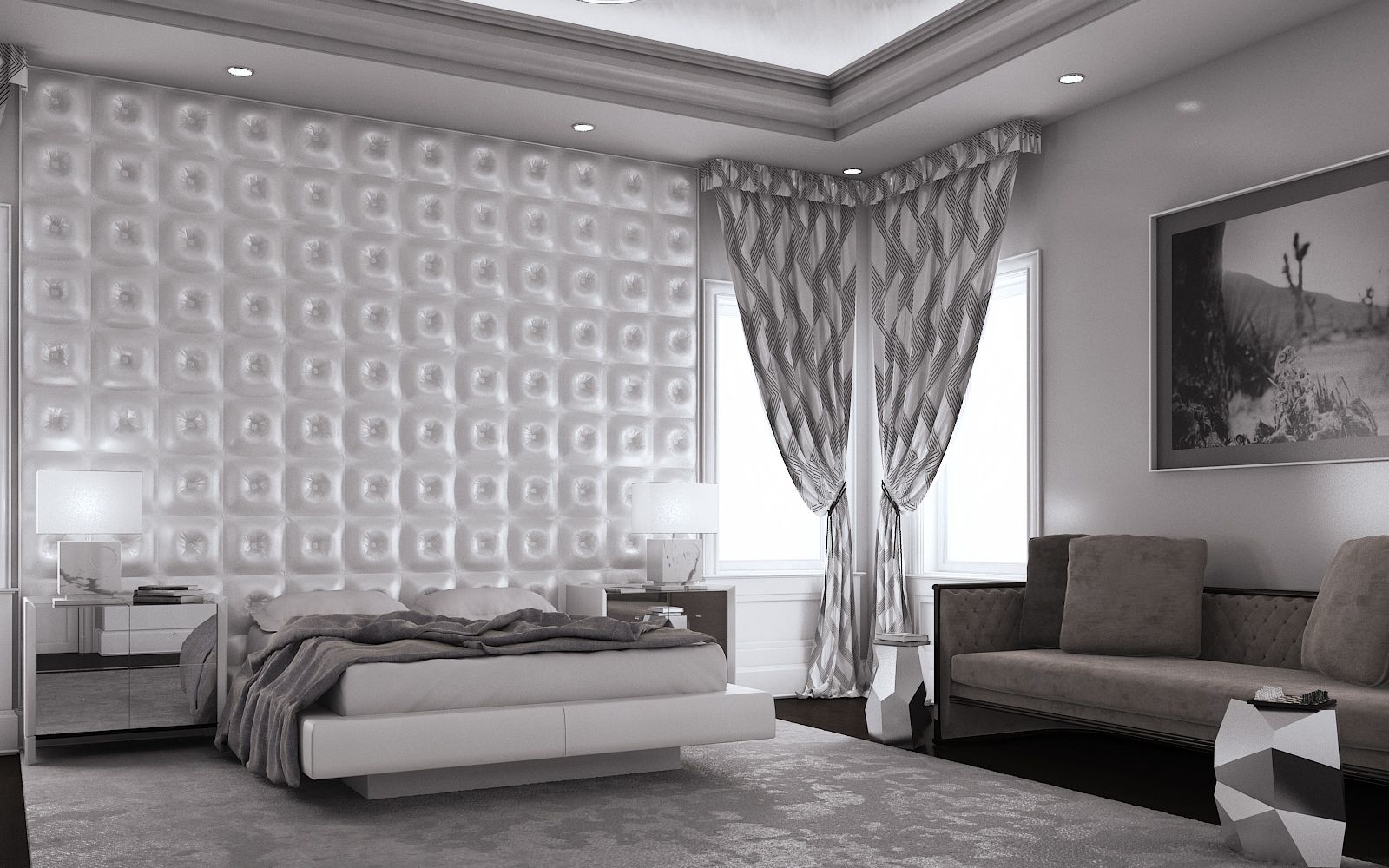 Residential 3D rendering of the Light House - Family Home bedroom with textured white walls and white and grey curtains