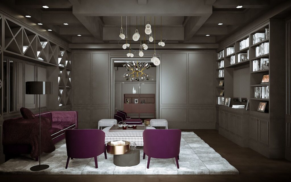 3D-Rendering des modernen Wohnzimmers mit bunten Möbeln im Light House – Family Home