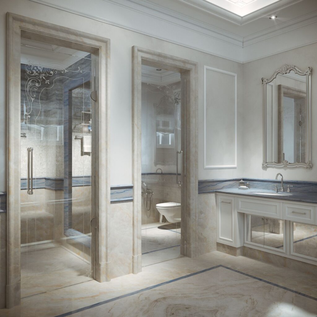 Residential 3D rendering of the luxury Family house Saudi Arabia bath room with glassy doors and blue marble decorations