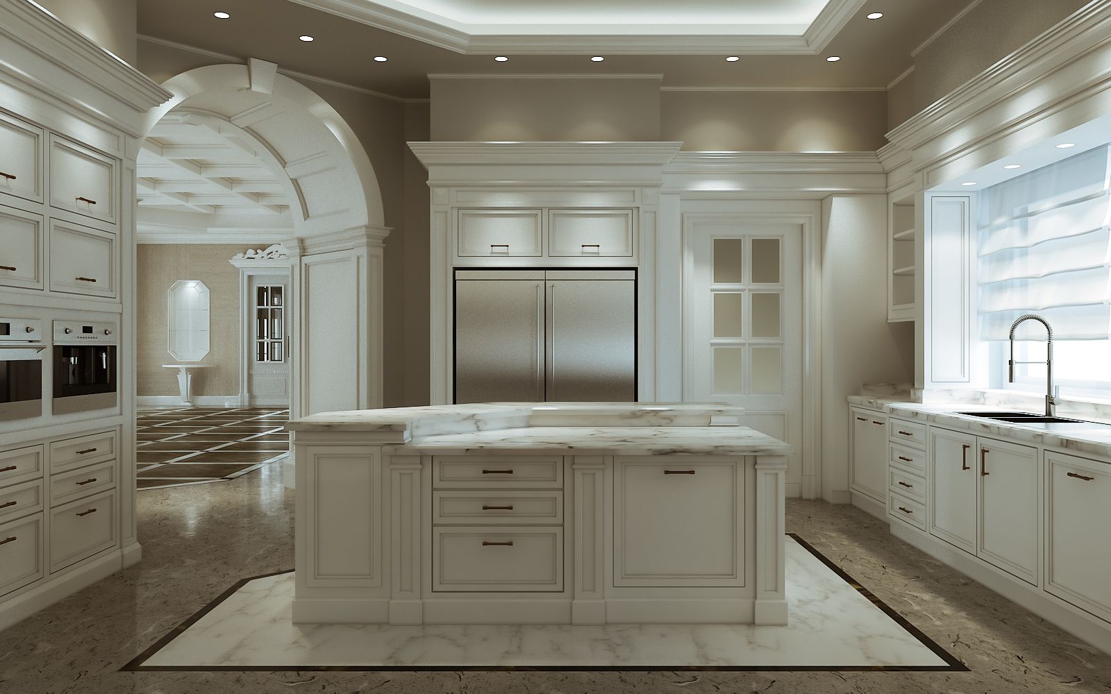 Residential 3D rendering of the luxury and elegant Family house Saudi Arabia kitchen with marble floor and white furniture