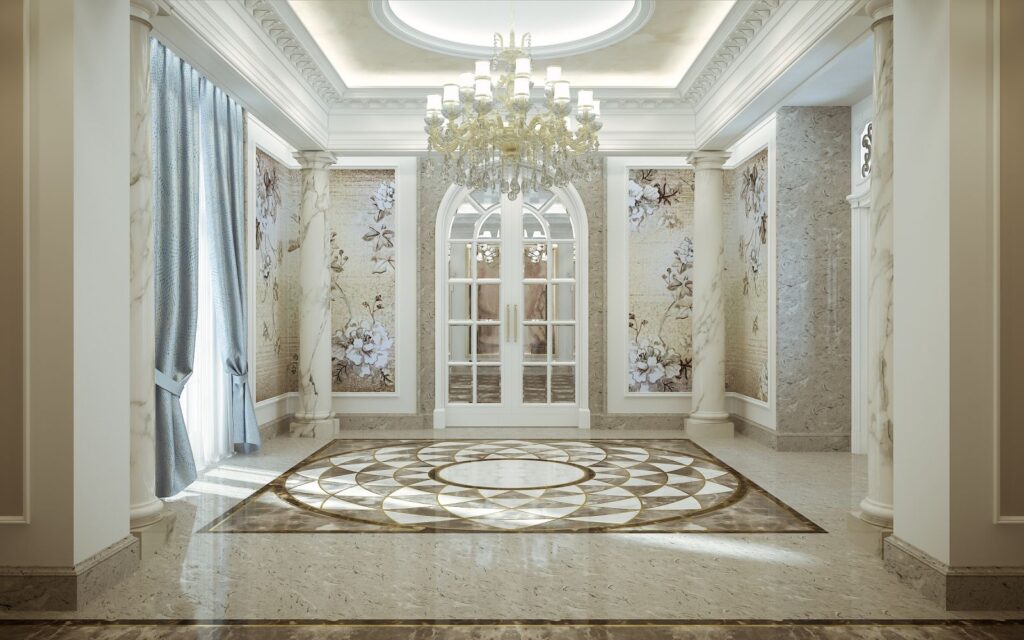 Residential 3D rendering of the luxury Family house Saudi Arabia room with marble floor and natural light