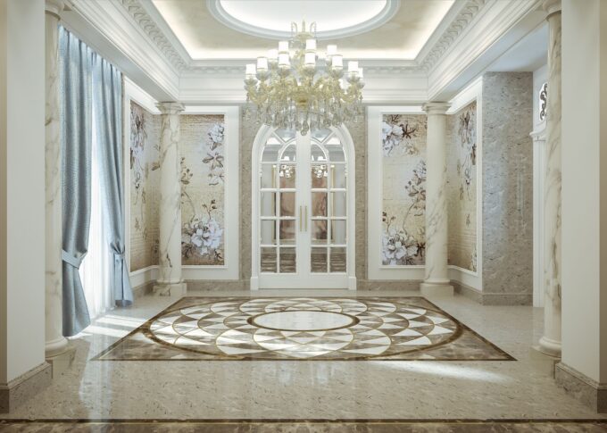 Residential 3D rendering of the luxury Family house Saudi Arabia room with marble floor and natural light