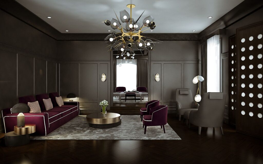 Residential 3D rendering of the Light House - Family Home rest area with bright colored furniture and a lamp that stands out in the center of the environment