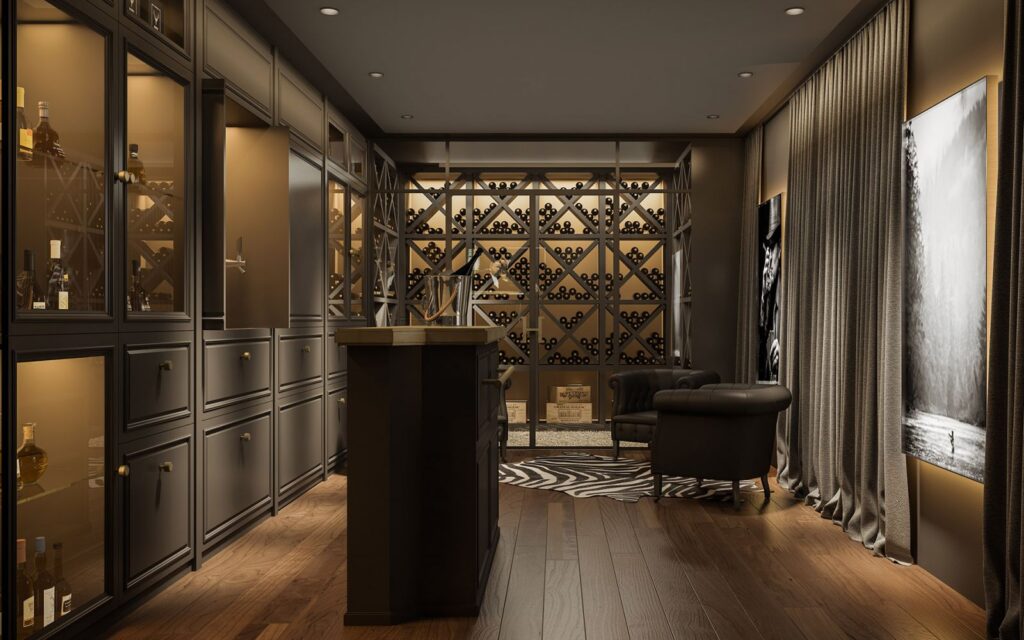 Residential 3D rendering of the Boys Room designed with wooden floors, brown furniture and warm lighting