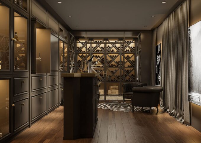Residential 3D rendering of the Boys Room designed with wooden floors, brown furniture and warm lighting