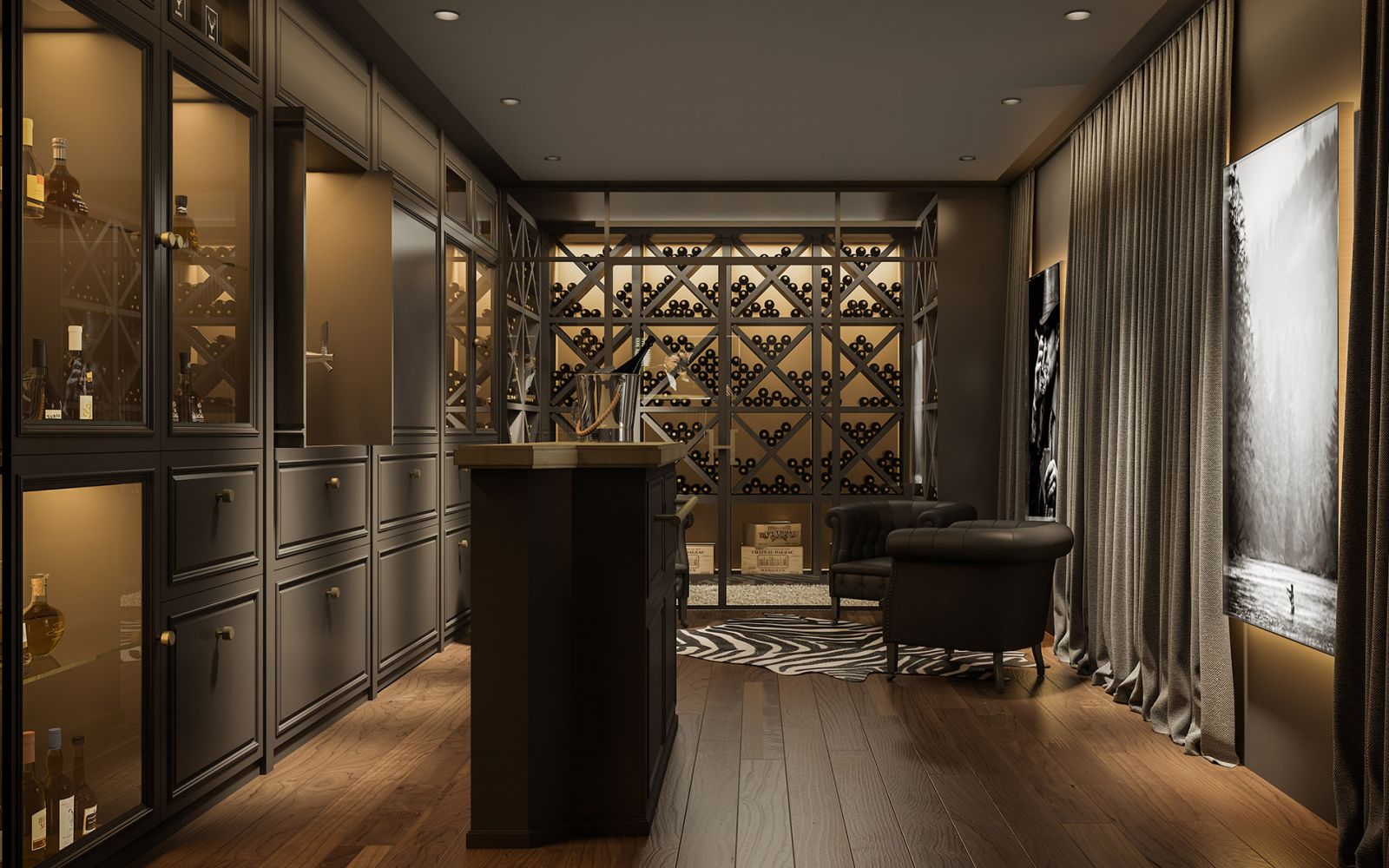 Residential 3D rendering of the Boys Room designed with wooden floors, brown furniture and warm lighting