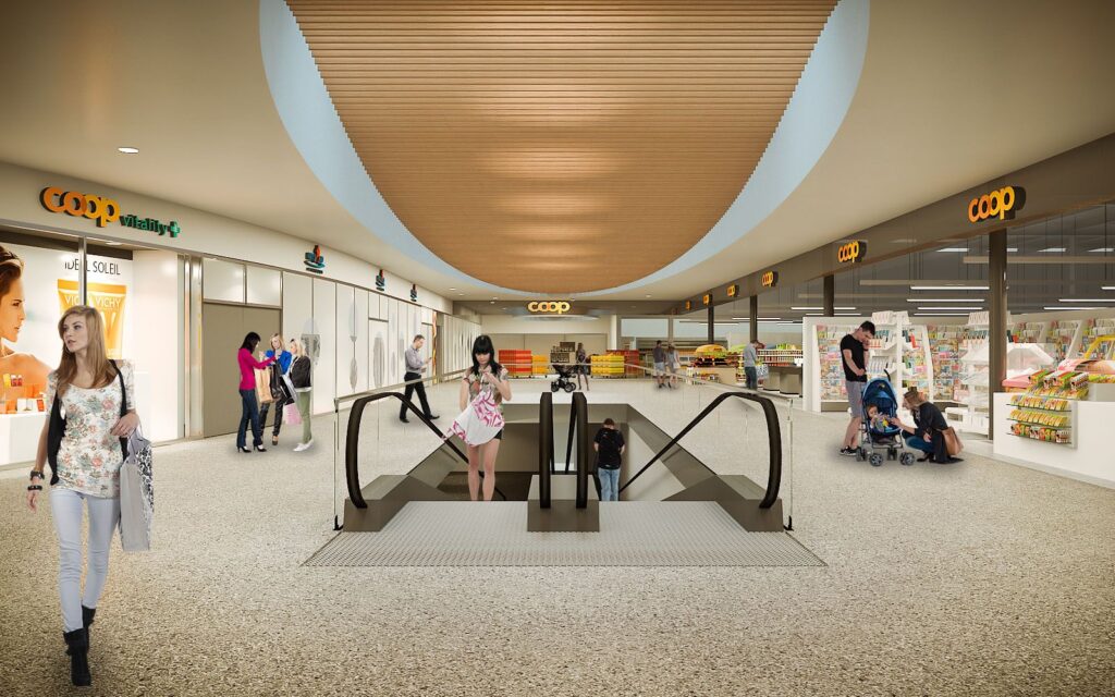 Urban 3D rendering of the central hall at the coop supermarket