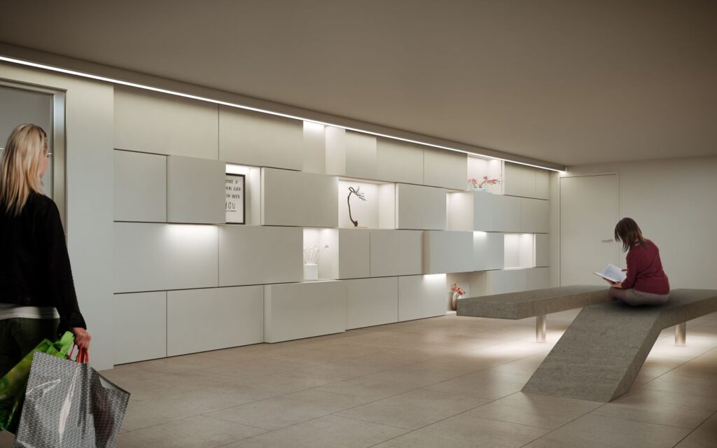 Commercial 3D rendering of the Dolce Vita rest area, with benches and artwork on the wall that has different textures and levels