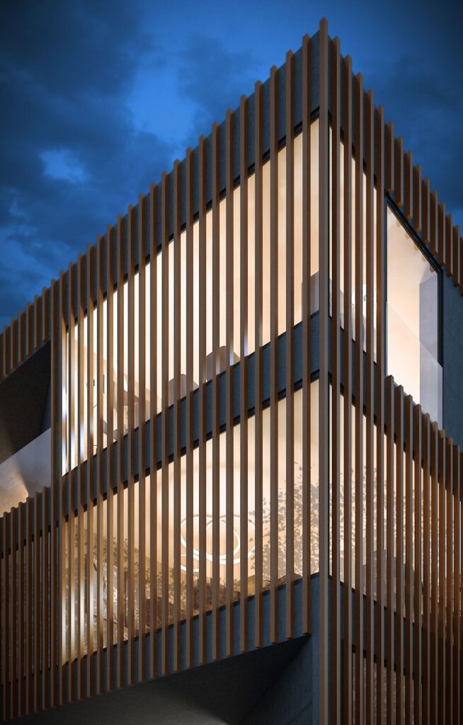 Commercial 3D rendering of the Raiffeisen bank contest wooden exterior, with balconies that have an original shape inside and very good lighting