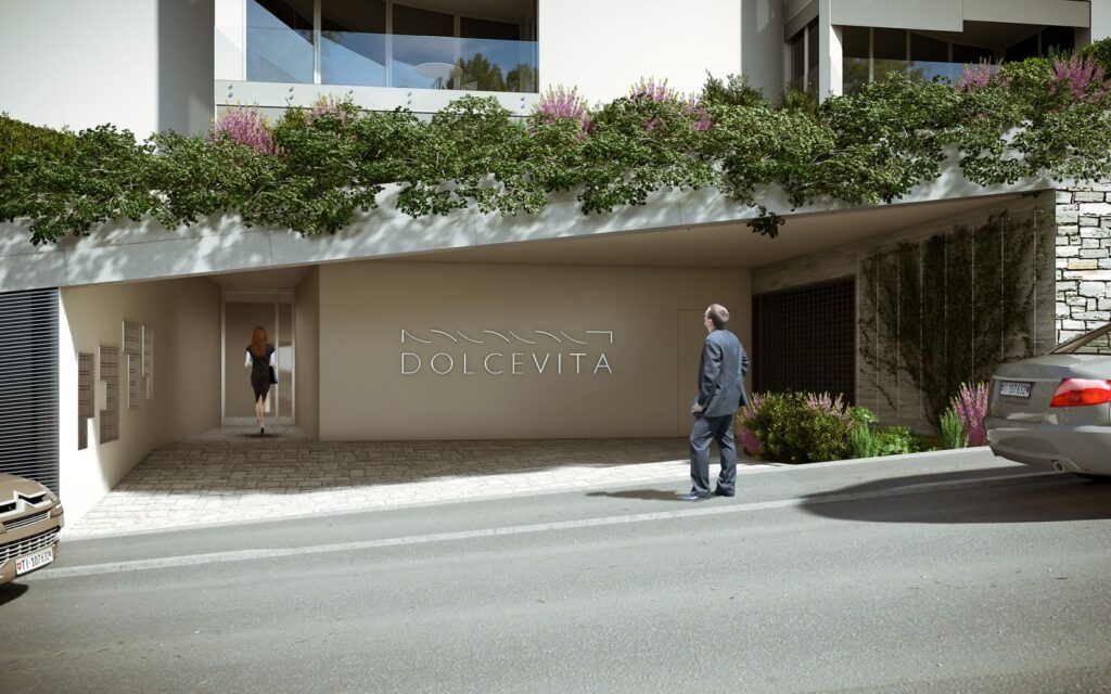 3D-Außendarstellung des schrägen Eingangsbereichs von Dolce Vita mit hellen Tönen an den Wänden und Pflanzen an der Decke