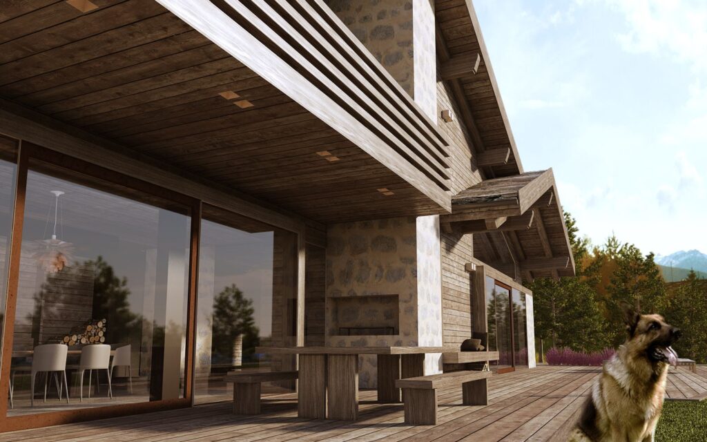 Exterior 3D rendering of the Weekend house Crans with large windows and wooden outdoor furniture