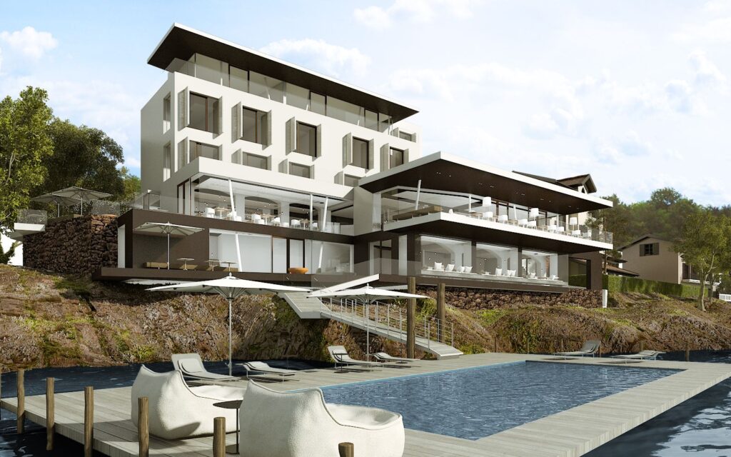 3D-Außenansicht des Hotels Sasso Moro, von der aus Sie den Pool, die Zimmer und das Restaurant sehen können