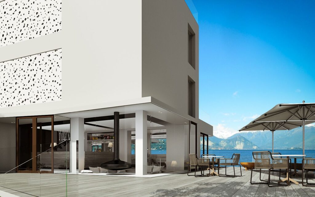 Exterior 3D rendering of the Hotel Sasso Moro decorated with white and textured walls and wooden floors