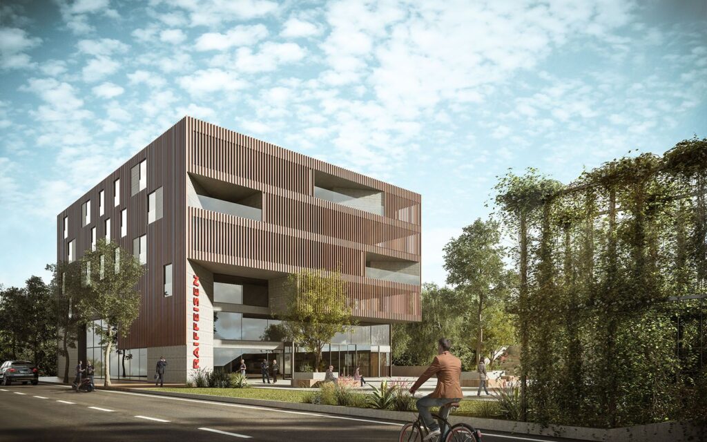 Exterior 3D rendering of the Raiffeisen bank contest designed with a wooden facade and balconies that have a triangular shape towards the interior