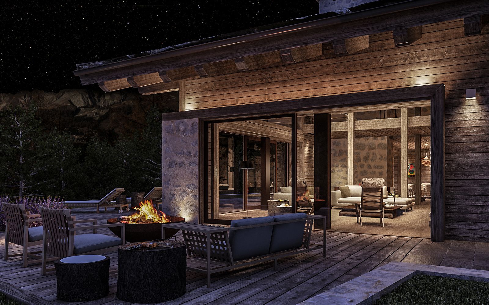 Exterior 3D rendering of the rest area at the Weekend house Crans at night with very good lighting and a bonfire