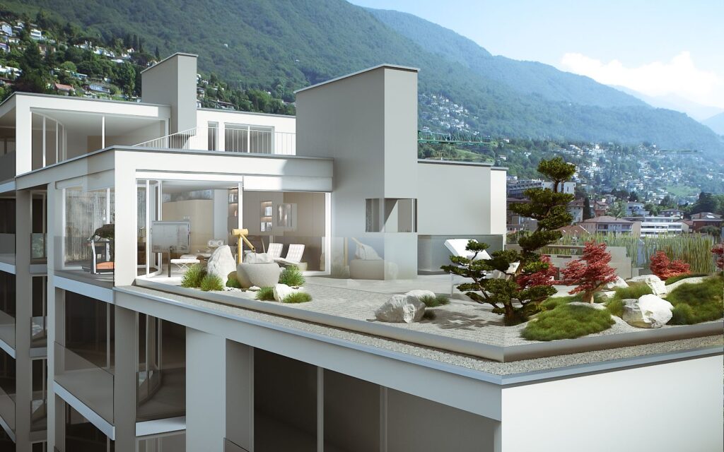 Exterior 3D rendering of the Dolce Vita from one of the upper floors that have terraces with plants to integrate into the environment and white walls to stand out