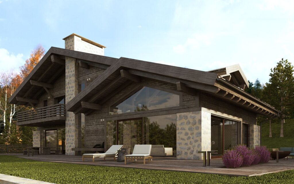 3D-Außendarstellung des Wochenendhauses Crans, das sich dank seiner Holz- und Steinfassade perfekt in die Umgebung einfügt, in der es sich befindet