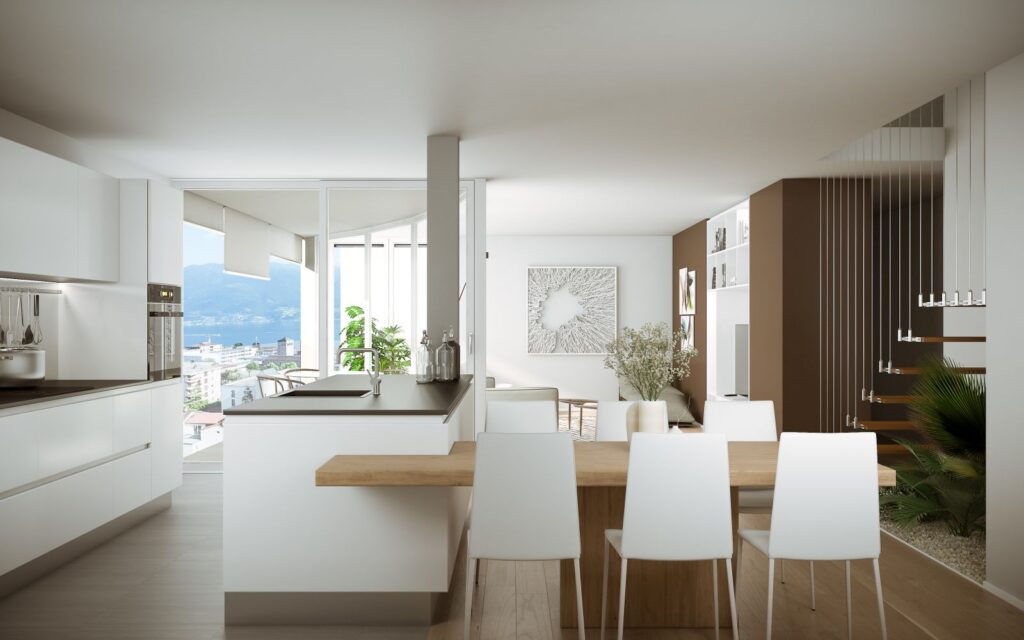 Interior 3D rendering of the Dolce Vita open-concept kitchen, dining room, and living room with light colors on the walls and earth tones in various furnishings