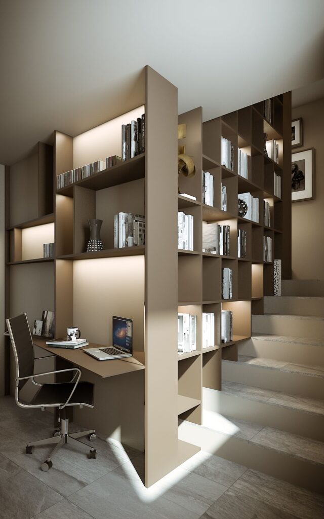 Interior 3D rendering of the Dolce Vita desk included with a wooden shelf with lighting under each shelf