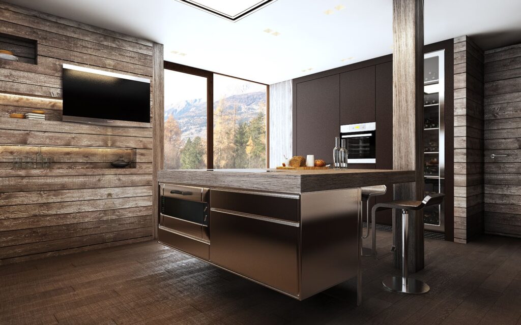 Interior 3D rendering of the modern kitchen at the Weekend house Crans decorated with metal and wooden furniture combination