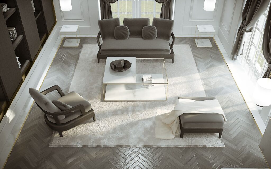 Interior 3D rendering of the Classical living Como modern and minimalist living room with a white rug on a gray wooden floor