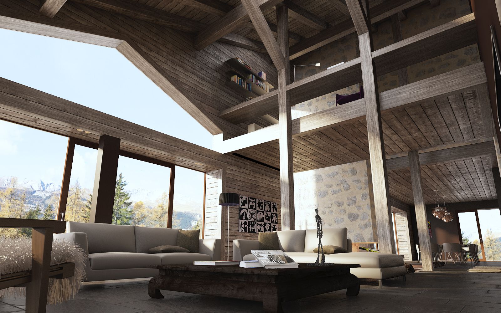 Interior 3D rendering of the modern living room at the Weekend house Crans illuminated by natural light due to large windows