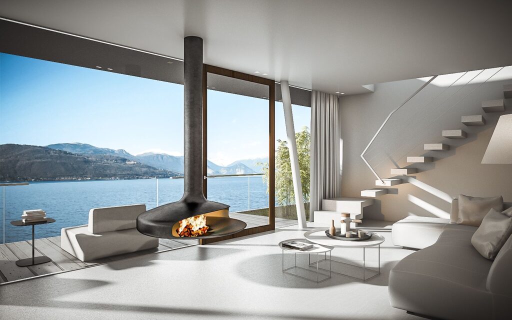 3D-Innenansicht des Hotels Sasso Moro mit großen Fenstern mit Blick auf das Wasser und einem modernen Kamin