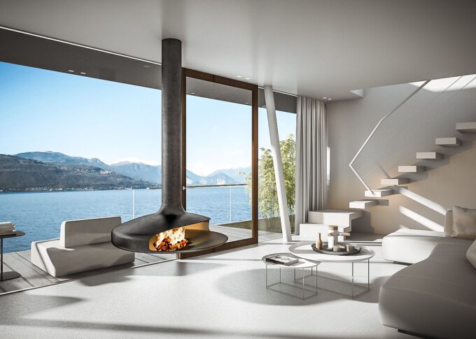 Interior 3D rendering of the Hotel Sasso Moro with large windows that overlook the water and a modern fireplace