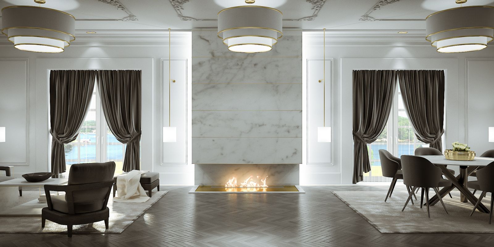Interior 3D rendering of the Classical living Como open-concept living and dining room with a central fireplace that has marble exterior
