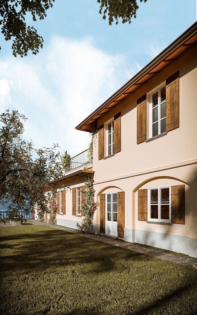 Interior 3D rendering of the Family home Como lake with a light pink facade, vines and a wonderful view
