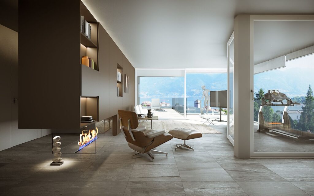 Interior 3D rendering of the Dolce Vita break room with a fireplace, lots of natural light and modern and original furniture