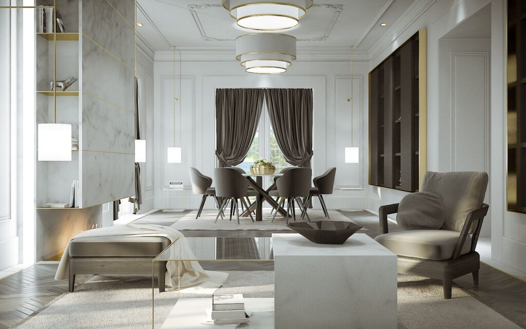 3D-Innenansicht des klassischen Como-Wohnzimmers, modernes und minimalistisches Wohnzimmer mit Möbeln und Wänden in neutralen Farben