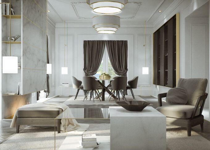 Interior 3D rendering of the Classical living Como modern and minimalist living room with neutral-colored furniture and walls