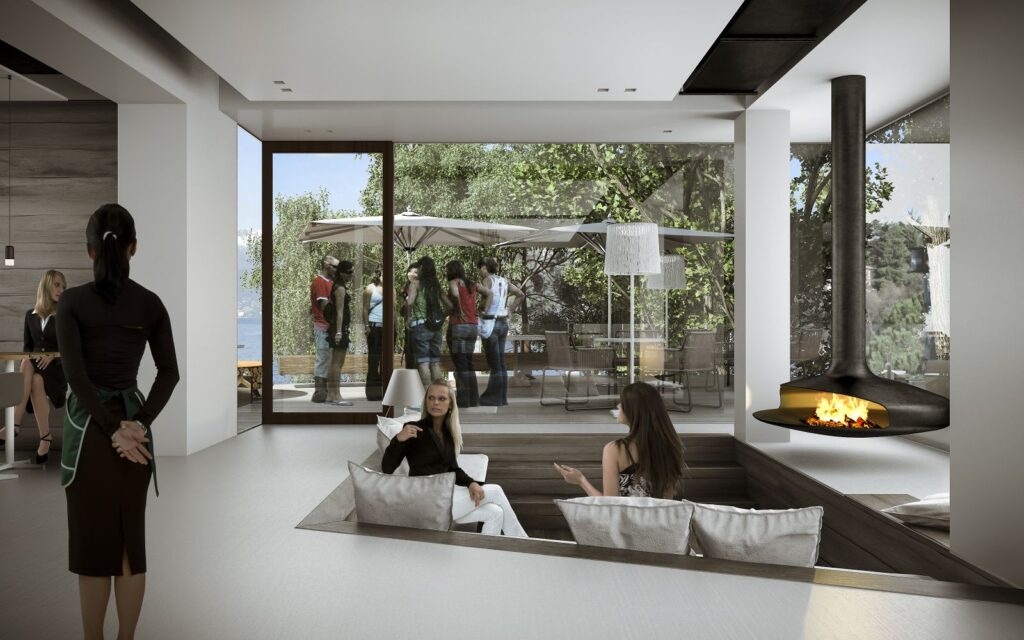 Interior 3D rendering of the Hotel Sasso Moro restaurant decorated with a modern and striking fireplace in addition to having an unevenness in the floor