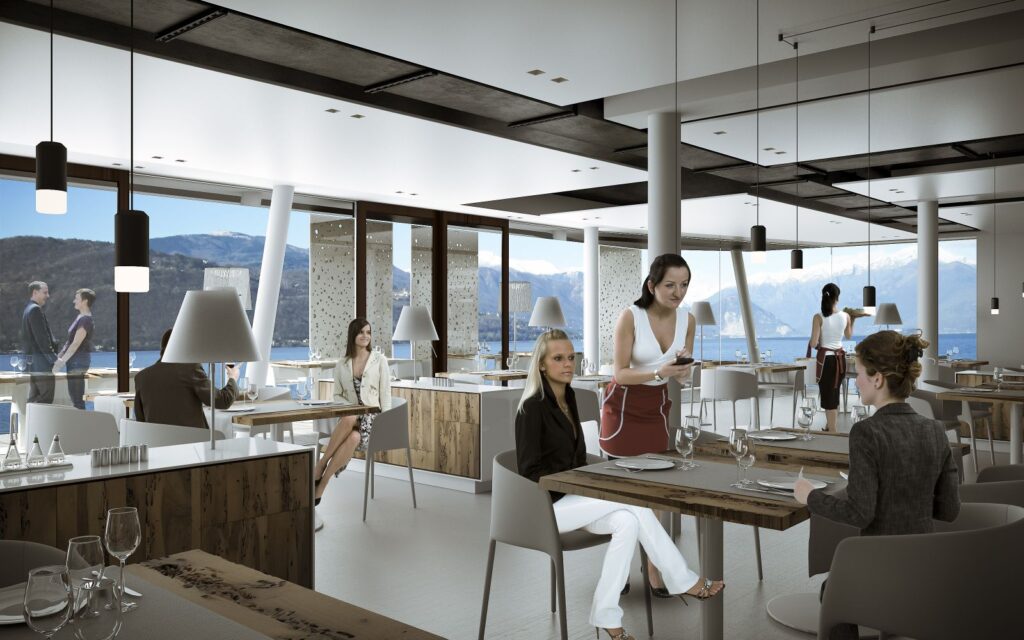 Interior 3D rendering of the Hotel Sasso Moro restaurant decorated with textured white walls and wooden furniture