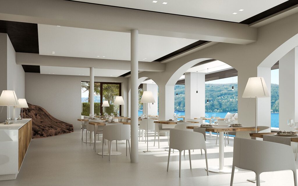 Interior 3D rendering of the Hotel Sasso Moro restaurant decorated with white furniture and illuminated with natural light