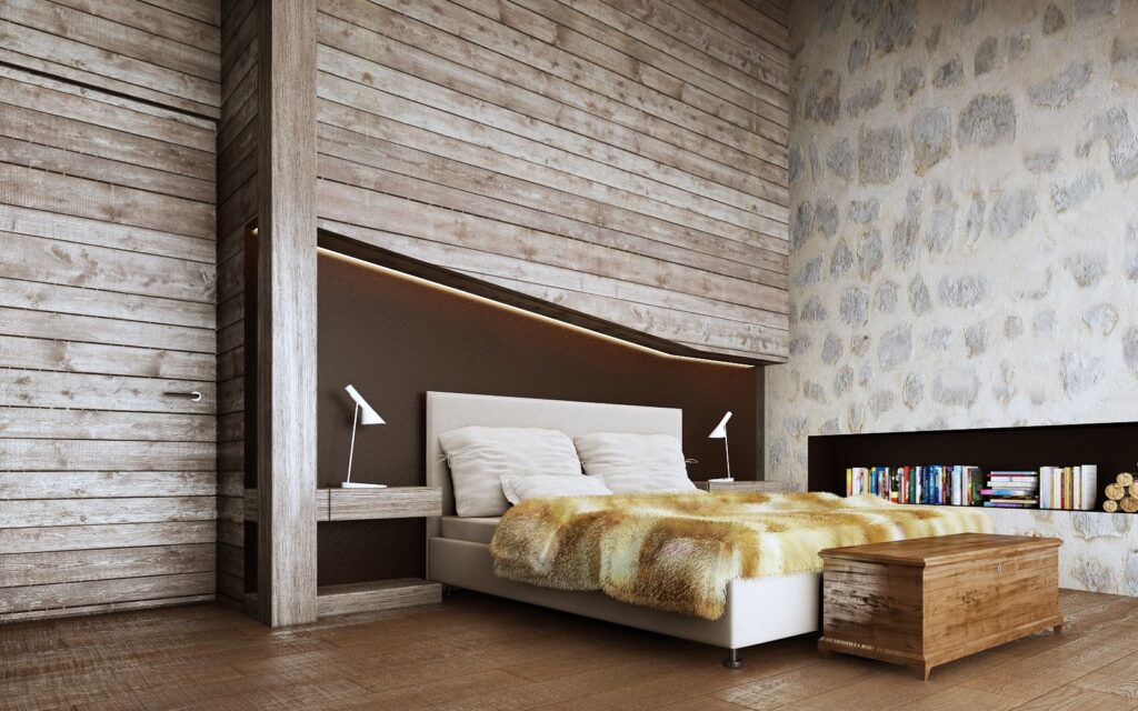 Interior 3D rendering of the bedroom at the Weekend house Crans decorated with wooden floors and walls, and a wall of rocks